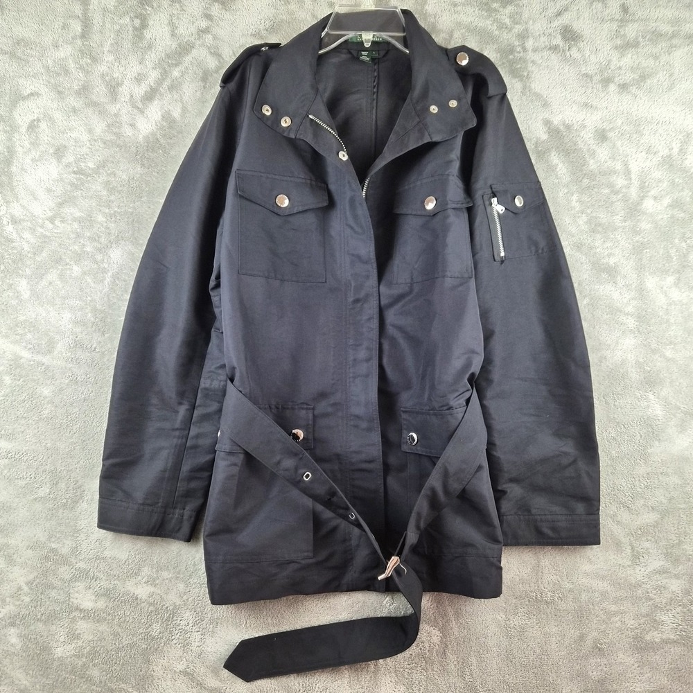 Lauren Ralph Lauren Utility Field Jacket Women Large Black Belted Zip Up Outdoor